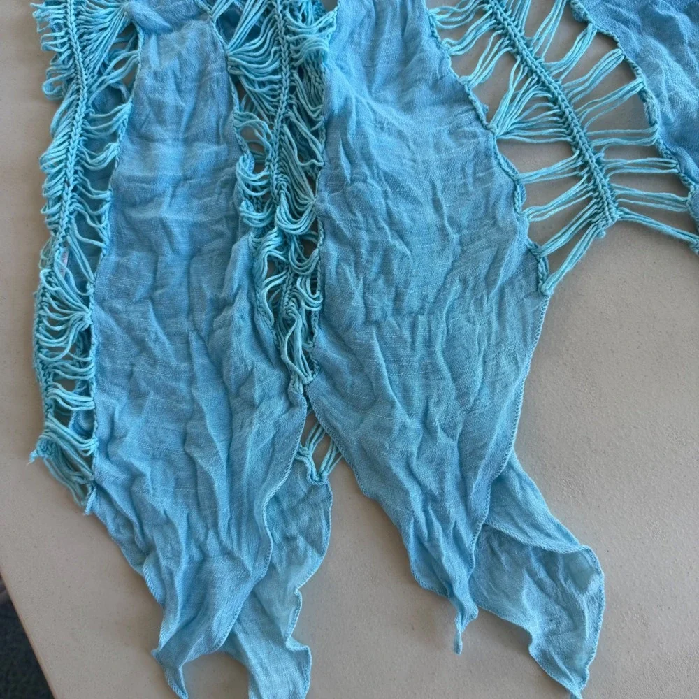 Women's Turquoise Aqua Blue Open Crochet Macrame Knit Pearl Button Beach Coverup
